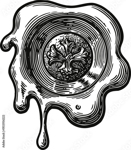 fried egg top view with detailed yolk and dripping white in black and white woodcut