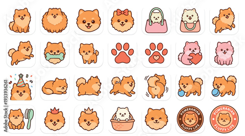 A delightful collection of cute Pomeranian dog stickers featuring various poses, expressions, and accessories, perfect for digital communication and crafting.