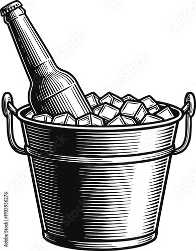 Beer bottle chilling in metal bucket with ice cubes, cold refreshing drink concept