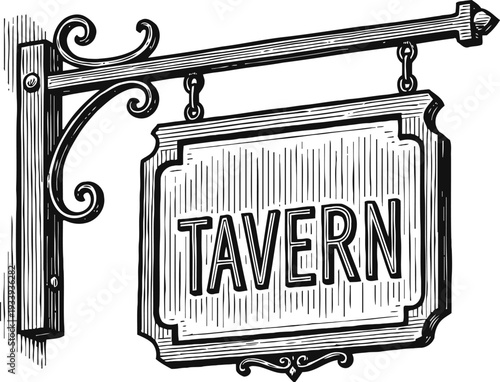 Vintage tavern hanging sign illustration with ornate bracket and bold lettering design