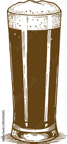 Tall glass of dark beer with foam head, hand drawn vintage brewery beverage illustration