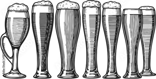 various tall beer glasses with foam, hand drawn vintage set with different shapes and styles
