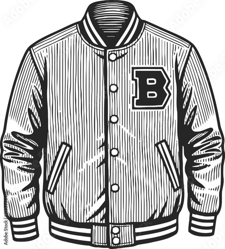 Vintage varsity jacket illustration with letterman patch and striped collar cuffs design