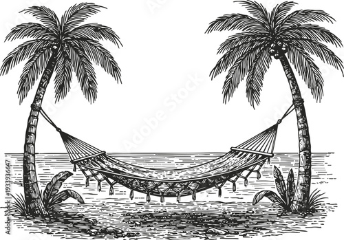 Hammock hanging between two palm trees on a tropical beach with ocean waves in the background