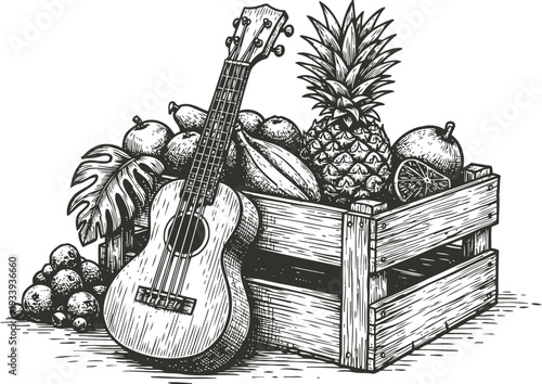 Wooden crate filled with tropical fruits and a ukulele, hand drawn vintage illustration