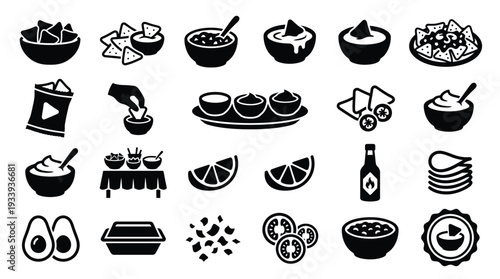 A collection of black and white icons representing various Mexican food items and related elements, including chips, dips, avocados, and drinks.
