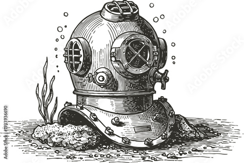 Vintage deep sea diving helmet resting on ocean floor with underwater plants and bubbles
