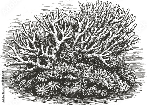 Detailed black and white coral reef illustration with various sea plants and marine organisms