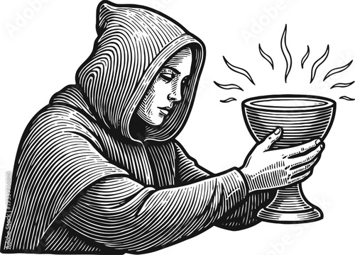 Monk in hooded robe holding glowing chalice with reverent expression, medieval religious symbolism
