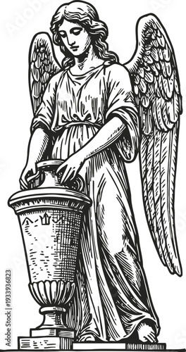classical angel statue holding an ornate urn, detailed vintage line art engraving