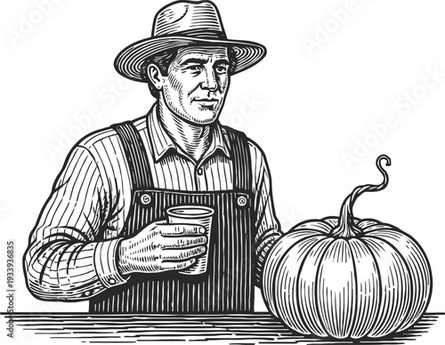 Farmer holding a glass of milk standing next to a large pumpkin with stem
