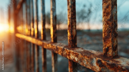 Wallpaper Mural The image captures a close-up view of an old, rusty metal gate bathed in the warm glow of the setting sun, representing time, decay, and the beauty in imperfection. Torontodigital.ca