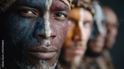 Wallpaper Mural Capture the essence of cultural heritage with this striking image of warriors adorned in vibrant face paint, highlighting the deep-rooted traditions and unity of communities. Torontodigital.ca