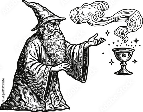 Ancient wizard casting a magical spell with mystical smoke and enchanted chalice illustration