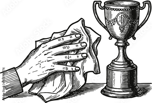 Hand polishing a trophy cup vintage engraving of award polishing and cleaning metal prize