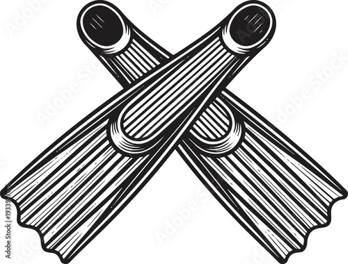 Crossed diving fins illustration scuba equipment for underwater swimming and snorkeling