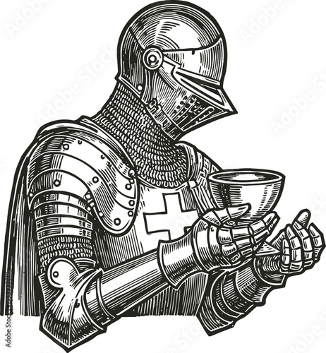 Medieval knight in full armor holding a chalice, vintage engraving illustration