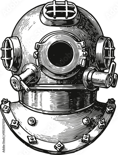 Vintage deep sea diving helmet with protective grills and metal bolts engraving illustration