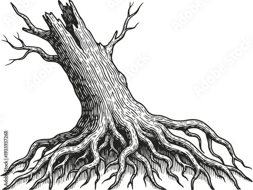 Old tree stump with exposed twisted roots vintage hand drawn dead wood illustration in black and white