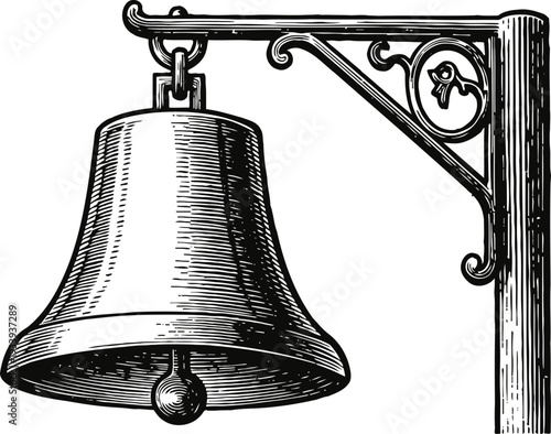 Vintage hanging bell with ornate metal bracket classic old fashioned design, detailed engraving illustration