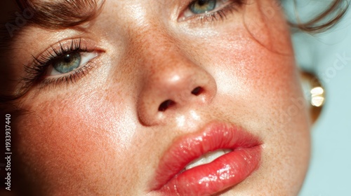 Wallpaper Mural This image showcases a stunning close-up of a freckled face, highlighting the natural glow of the skin against a soft blue backdrop, evoking feelings of beauty and freshness. Torontodigital.ca