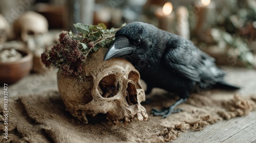 Wallpaper Mural A striking raven perched on a skull, adorned with foliage, illustrating the juxtaposition of life and death in a mystical and artistic setting. Torontodigital.ca