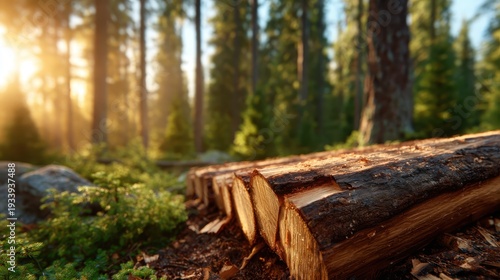 Wallpaper Mural A close-up view of freshly chopped logs resting in a serene forest, illuminated by the soft, golden glow of the sun filtering through the tall trees overhead. Torontodigital.ca