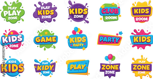 Colorful kids zone and play badge logo set with party, game, and club labels isolated on white background for children entertainment and event branding design