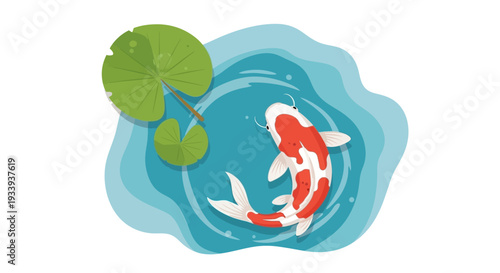 Koi fish swimming in pond with lily pads, top view