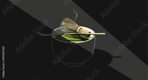 Matcha tea preparation with bamboo whisk in dark setting