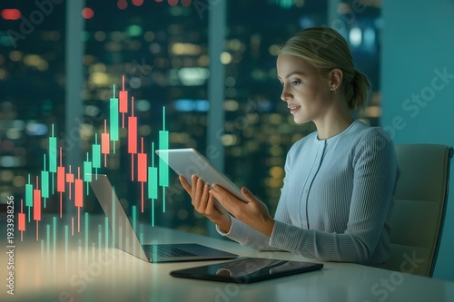 Businesswoman Analyzing Stock Market Trading Charts on Digital Tablet in Modern Office