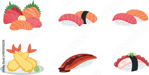 Assorted sushi and sashimi platter collection with fresh tuna salmon shrimp tempura unagi and octopus nigiri icons set