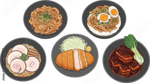 Assortment of classic japanese main courses featuring pork ginger, katsu, ramen, and braised pork belly