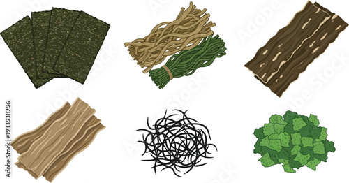 Assortment of dried seaweed and kelp products, healthy marine ingredients for cooking