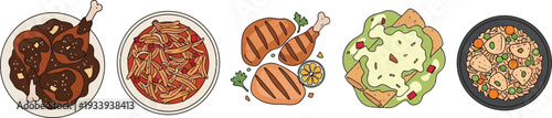 Delicious main course set featuring mole chicken pasta grilled poultry enchiladas and mexican rice bowl illustrations