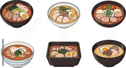 Delicious ramen bowls with various toppings and ingredients in flat design style
