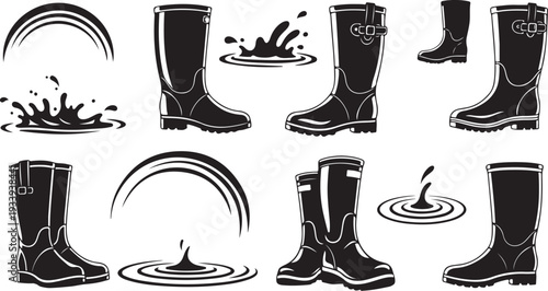 Black Rubber Boots and Water Splashes with Rainbows Illustration