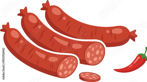 Delicious sliced sausage with a small red chili pepper, meat product, ingredient for cooking, appetizer, isolated on transparent