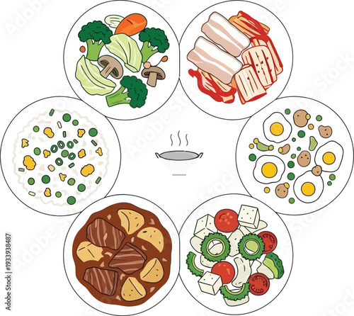 Filipino dishes spread, adobo, sinigang, fried eggs, vegetables, and kimchi, hearty meals