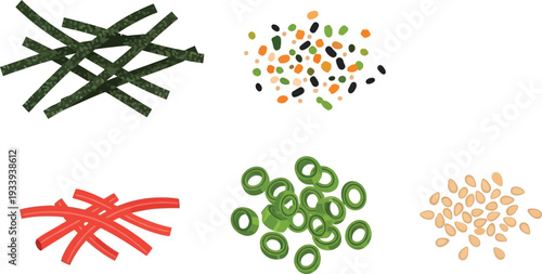 Japanese food toppings and garnishes set with dried seaweed strips sesame seeds chopped green onions and chili slivers