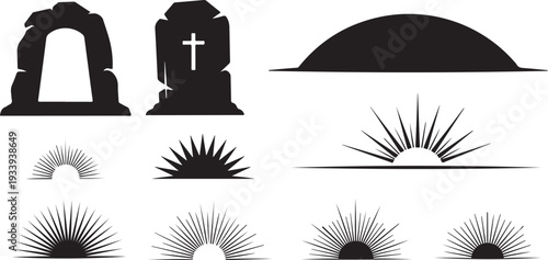 Black and white tombstone and sunburst silhouette icon set