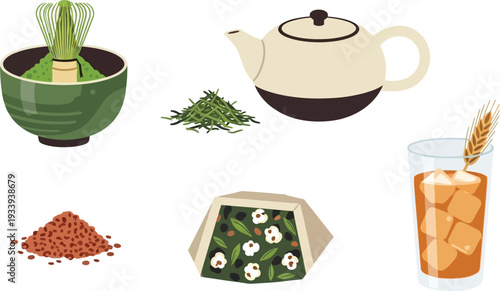 Japanese tea ceremony elements including matcha bowl whisk tea leaves teapot and iced green tea drink