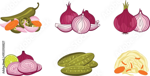 Pickled vegetables and condiments set including jalapeño peppers red onions slices lime wedges and shredded cabbage slaw
