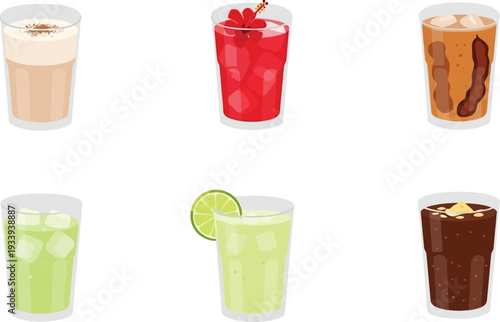 Refreshing beverage collection with iced latte hibiscus tea tamarind juice lime soda lemonade and dark coffee glasses