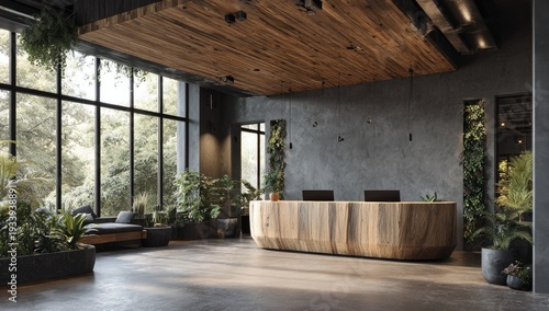 Modern reception area with wooden desk, concrete walls, lush greenery, and large windows
