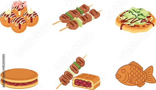 Set of delicious traditional japanese street food: takoyaki, taiyaki, dorayaki, yakitori, imagawayaki, okonomiyaki, asian meal
