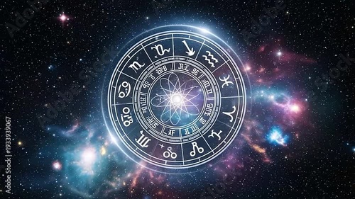 Detailed zodiac wheel with astrological symbols glowing in a mystical cosmic background with stars and nebulae.