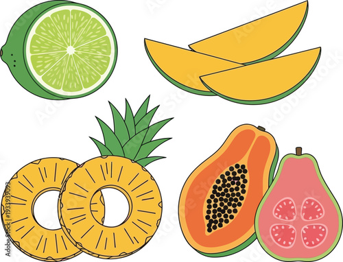 Set of tropical fruits: lime, mango slices, pineapple rings, papaya, and guava, healthy fresh summer food, exotic vitamin source