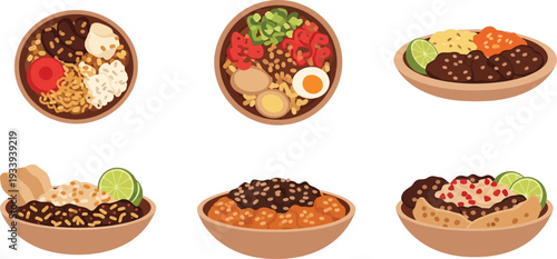 Variety of delicious mexican food dishes in bowls with rice, beans, and vegetables isolated on background