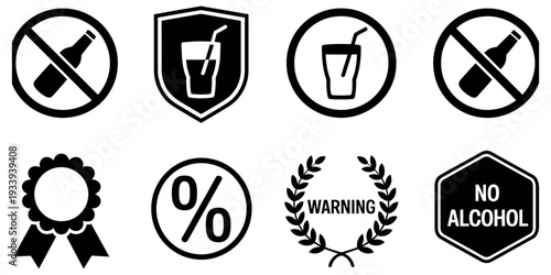 No Alcohol Prohibition Icon Set featuring bold black-and-white silhouettes of crossed-out bottles, glasses, and cocktails, perfect for public safety signage, event restrictions, and alcohol-free zone 